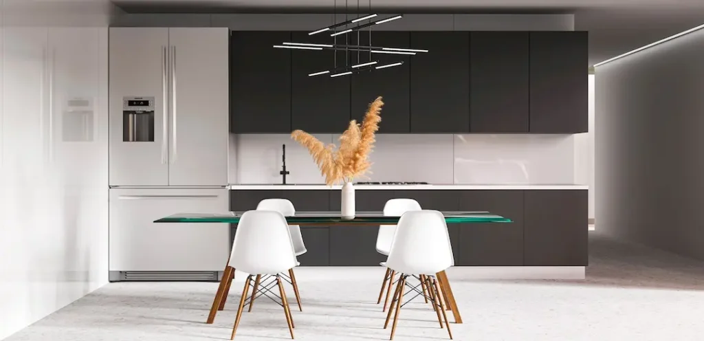 Cocina minimalista con mesa de cristal