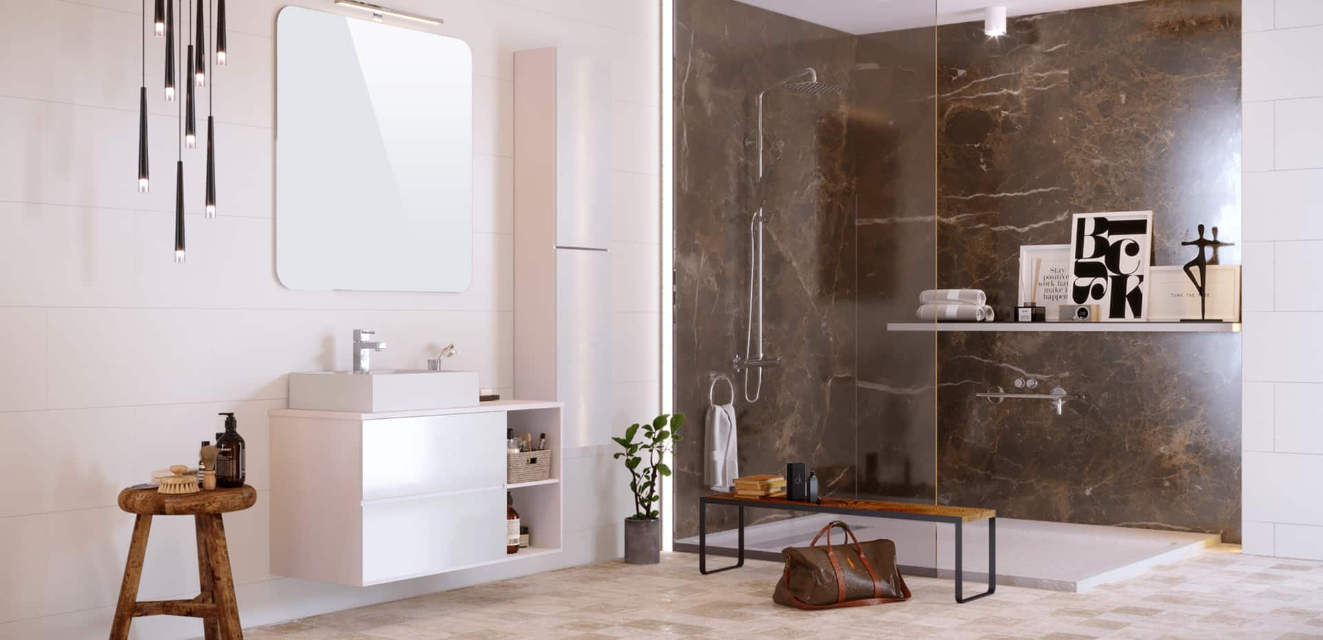 Baño con paneles decorativos en marrón