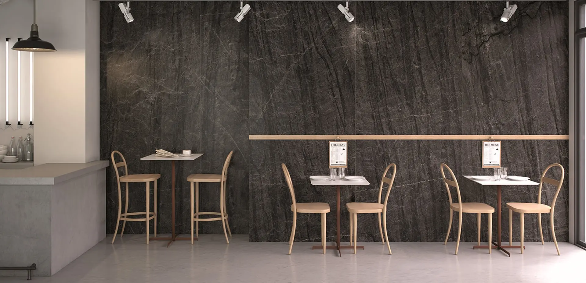 Restaurante con placas decorativas negras texturizadas Kl11 ambiente
