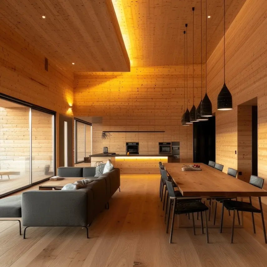 salón con paredes de madera y techos decorativos